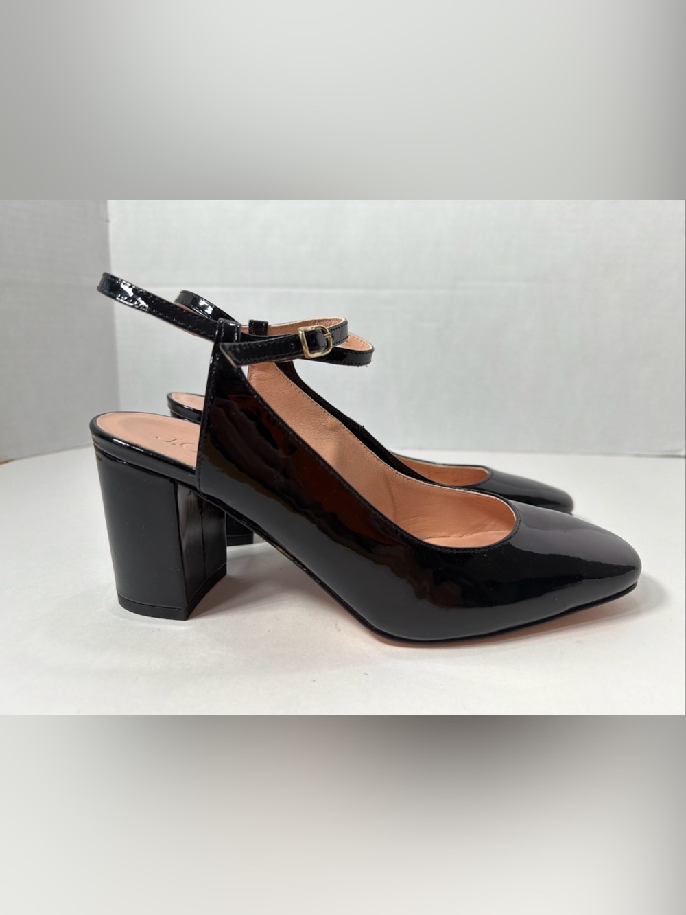 J Crew BLACK PATENT MAISIE ANKLE STRAP BLOCK HEELS Size 7.5 US NWOB